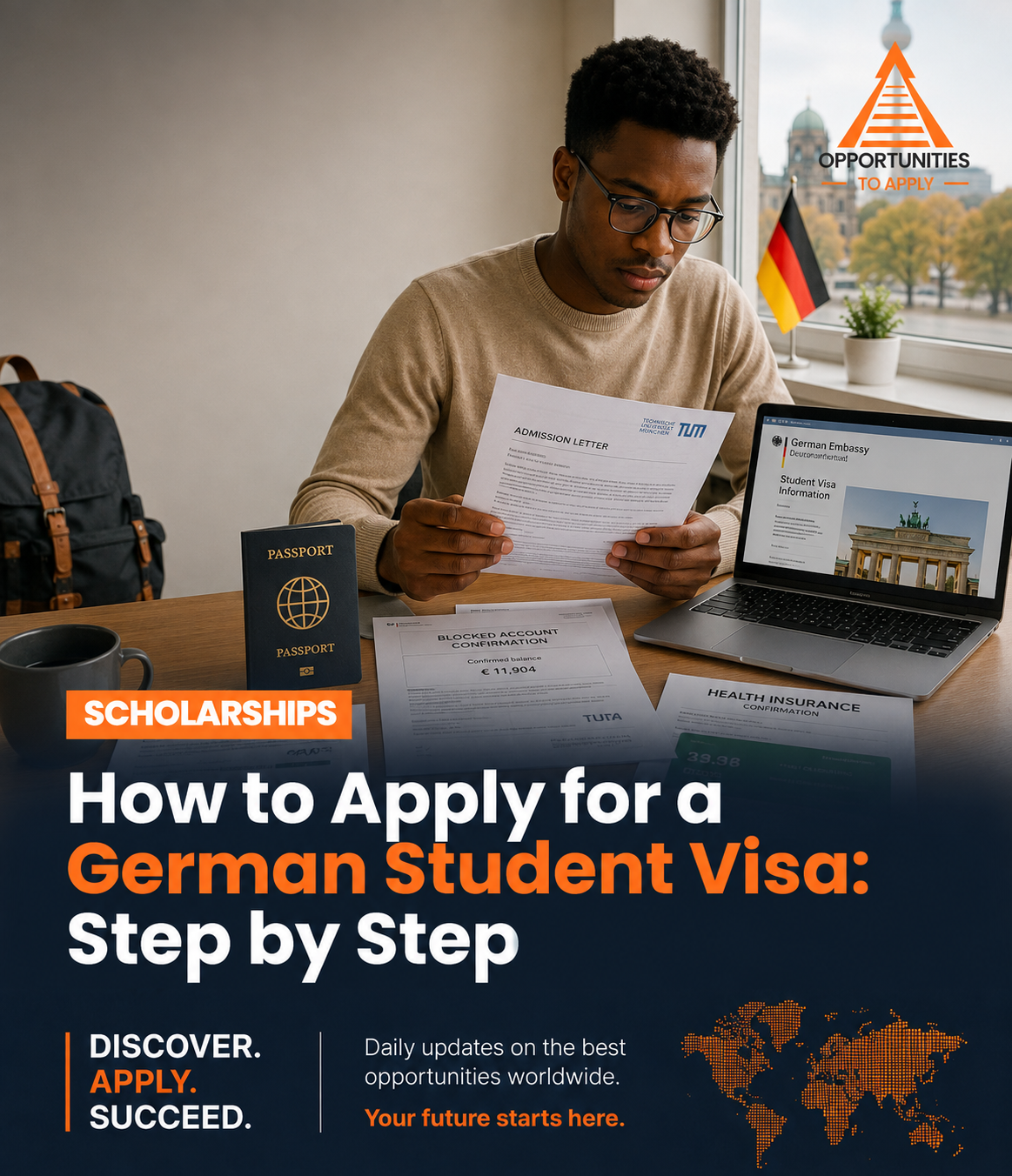 A young international student reviewing a German university admission letter at a desk with a passport, blocked account confirmation, health insurance documents, and a laptop displ